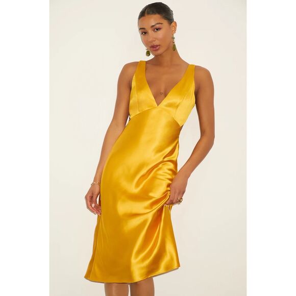 Lulus Unmatched Elegance Golden Yellow Satin Sleeveless Midi Dress Size XS NWT - Picture 5 of 7